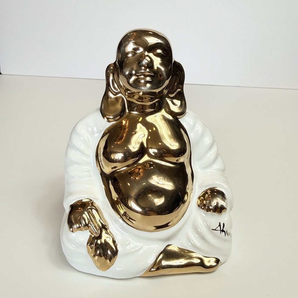 Ahura Italian Gold Gilt Seated Happy Buddha Statue Figurine Hand Painted 4.5"
